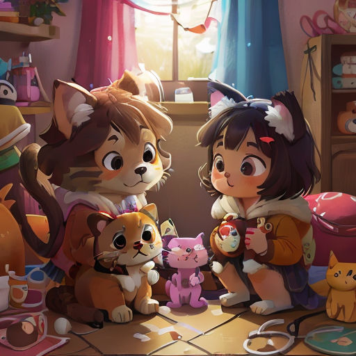 a couple of cats sitting next to each other on a floor next to a window and a cat toy