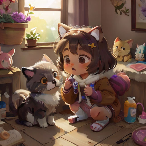 a girl is sitting on the floor with a cat and a dog in front of her and a cat looking at her