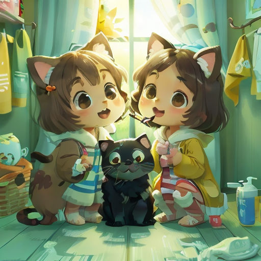 two little girls are standing next to a cat and a cat toy in a room with clothes on the walls