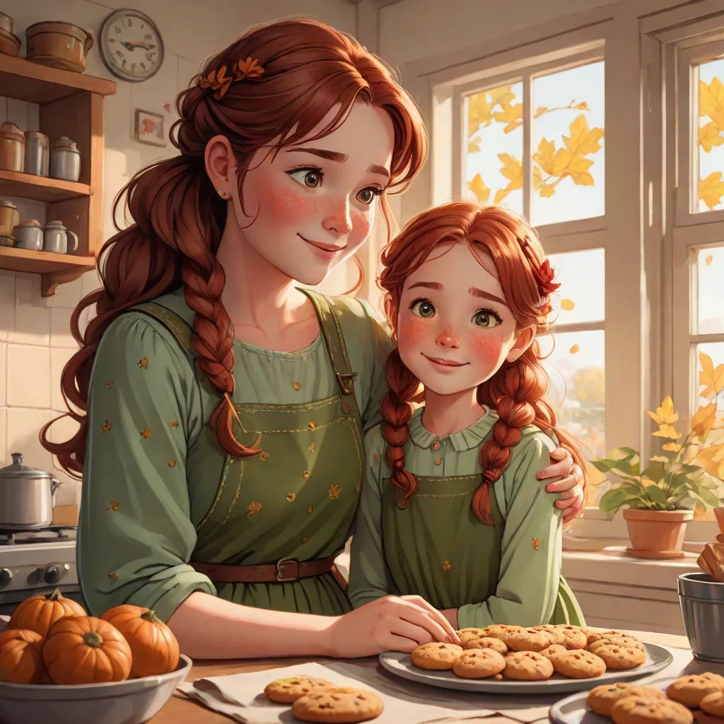 a painting of two girls in green dresses standing in front of a table with cookies and pumpkins on it, sots art, a storybook illustration, Anne Said, trending on art station