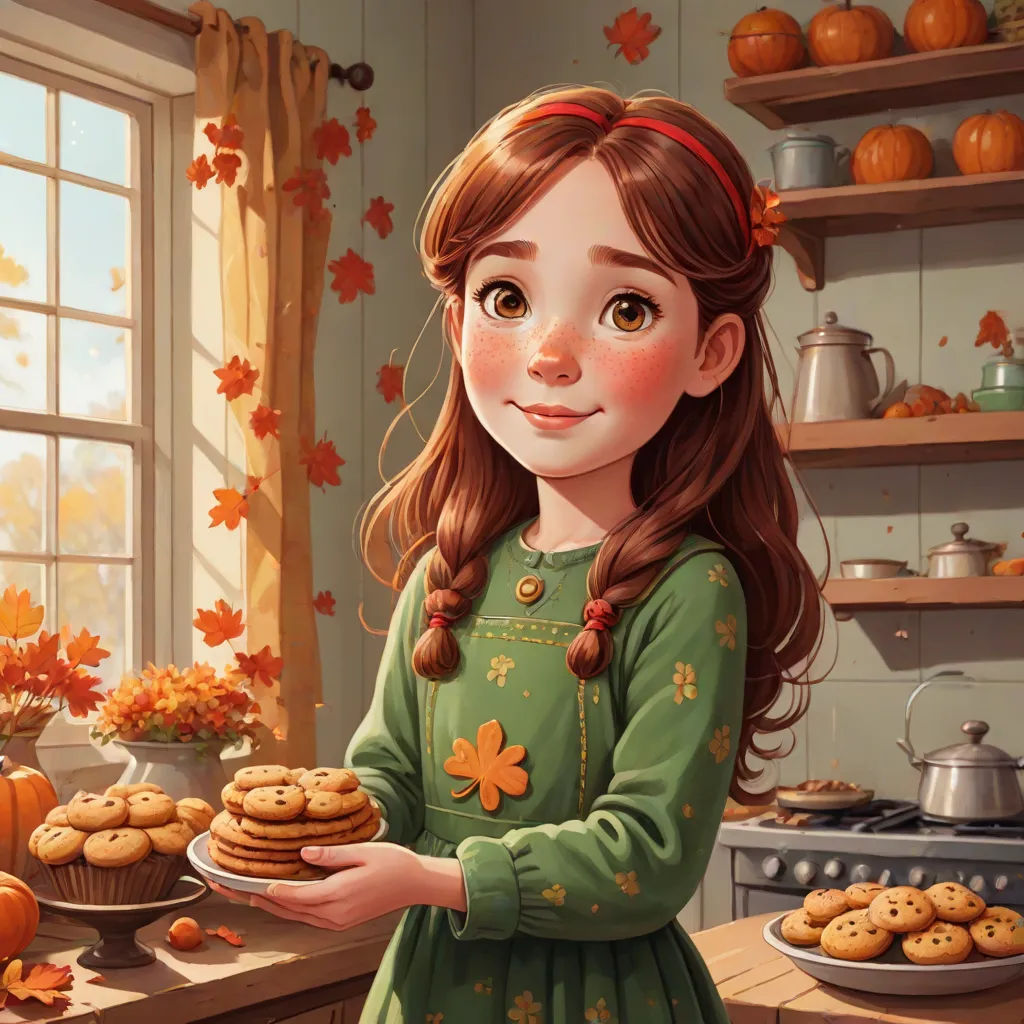 a girl holding a plate of cookies in a kitchen with a window and pumpkins in the background and a pot of flowers, american scene painting, a storybook illustration, Evaline Ness, cgstudio
