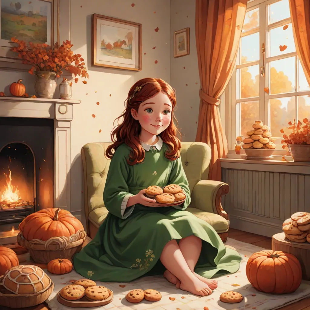 a painting of a girl sitting on a chair with cookies in front of her and a fireplace in the background, american scene painting, a storybook illustration, Elisabeth Collins, kinkade