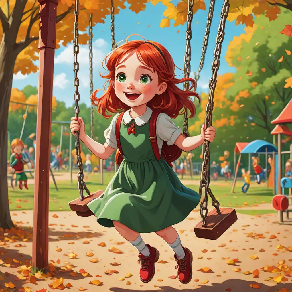a girl swinging on a swing in a park with fall leaves on the ground and a playground in the background, american scene painting, a storybook illustration, Clarice Beckett, trending on art station