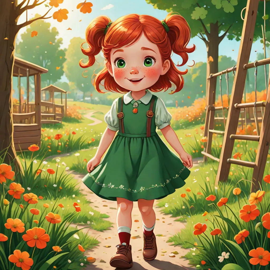 a little girl in a green dress is walking through a flowery field with a swing set in the background, fantasy art, a storybook illustration, Clarice Beckett, trending on art station