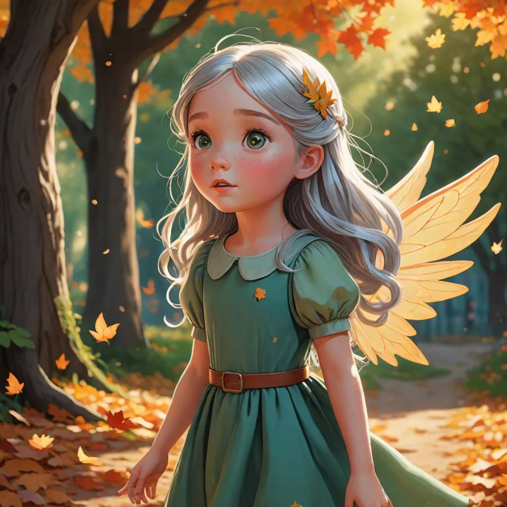 a little girl dressed in a green dress and a golden crown is standing in a leafy forest with her hands in her pockets, fantasy art, a storybook illustration, Cliff Childs, rossdraws global illumination