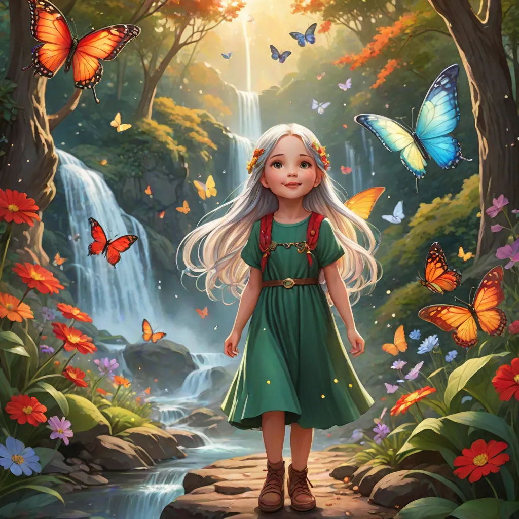 a girl in a green dress standing in a forest with butterflies around her and a waterfall in the background, fantasy art, a storybook illustration, Anne Stokes, kinkade