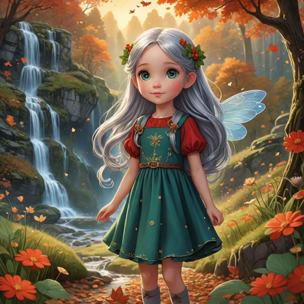 a painting of a little girl in a forest with a waterfall and flowers in her hair and a fairy dress, fantasy art, a storybook illustration, Anne Stokes, kinkade