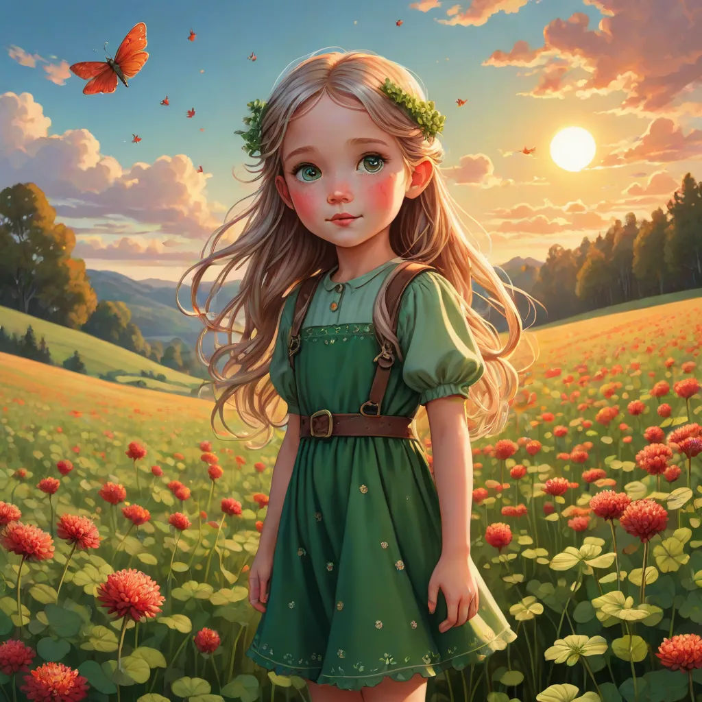 a painting of a girl in a field of flowers with a butterfly flying overhead in the sky above her, fantasy art, a detailed painting, Anne Stokes, trending on art station
