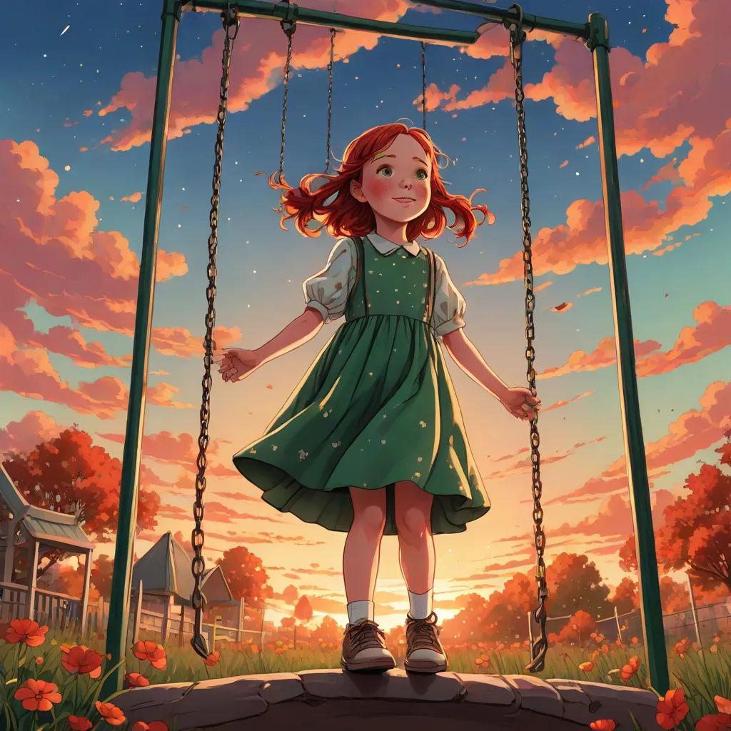 a girl in a green dress standing on a swing in a field with flowers and a sunset in the background, fantasy art, a storybook illustration, Cyril Rolando, rossdraws global illumination