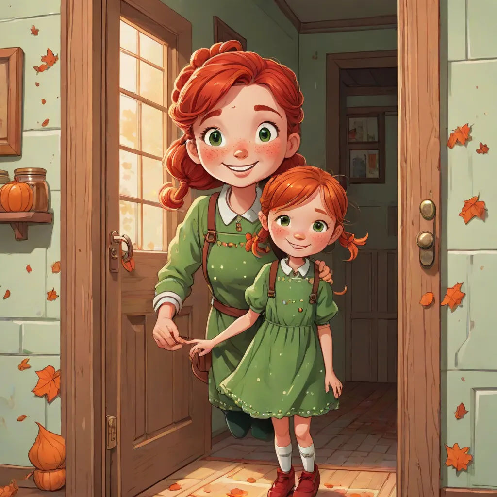 a mother and daughter standing in a doorway of a house with autumn leaves on the floor and a pumpkin on the floor, american scene painting, a storybook illustration, Anne Said, trending on art station