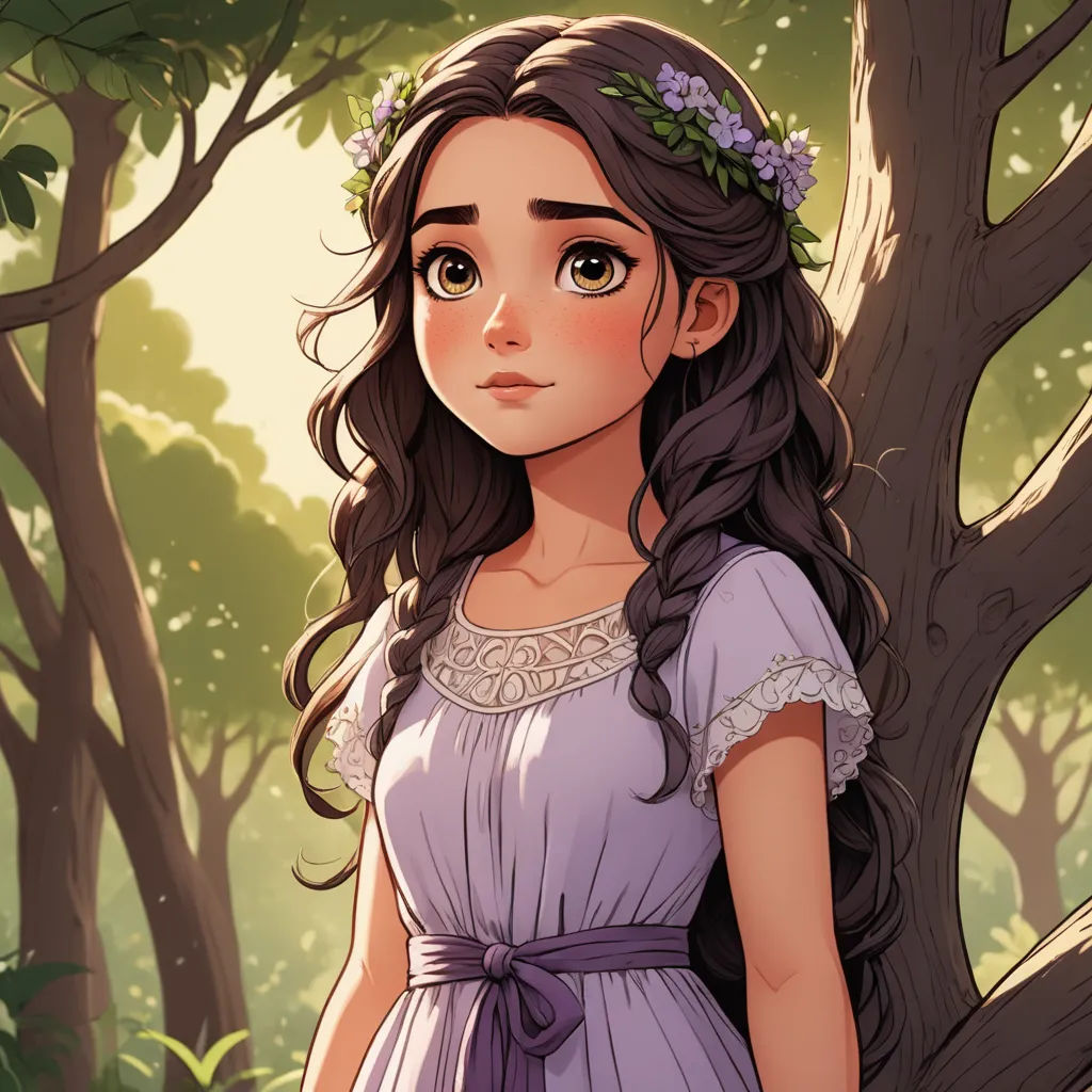 a girl in a dress standing in front of a tree with a flower in her hair and a wreath on her head, fantasy art, a storybook illustration, Clarice Beckett, kinkade