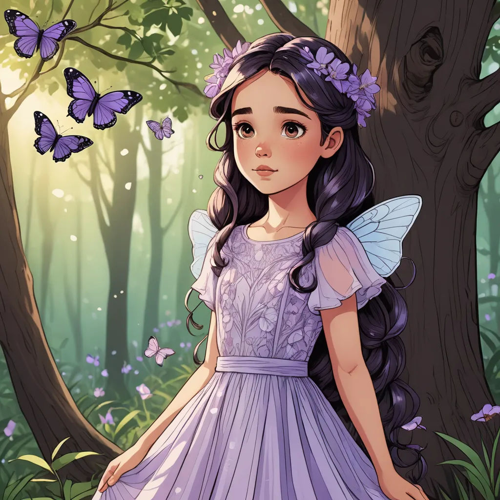 a girl in a dress standing in the woods with butterflies around her and a butterfly in her hair and a butterfly in her hair, fantasy art, a storybook illustration, Clarice Beckett, kinkade