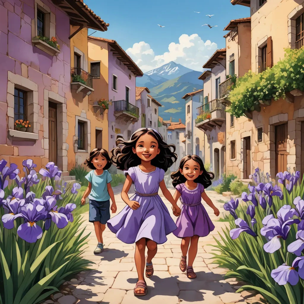 a painting of three children walking down a street with purple flowers in the foreground and a mountain in the background, lyco art, a storybook illustration, Diego Gisbert Llorens, official art
