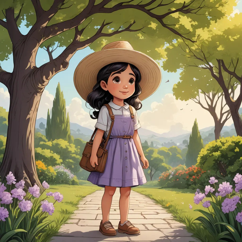a girl in a hat and dress standing on a path in a park with flowers and trees in the background, process art, a storybook illustration, Cliff Childs, official art