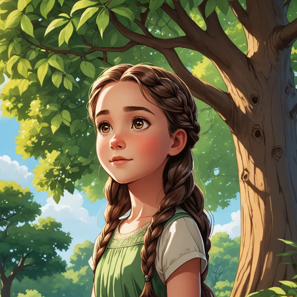 a girl standing in front of a tree with a braid in her hair and a green dress on her shoulders, context art, a storybook illustration, Anne Said, trending on art station