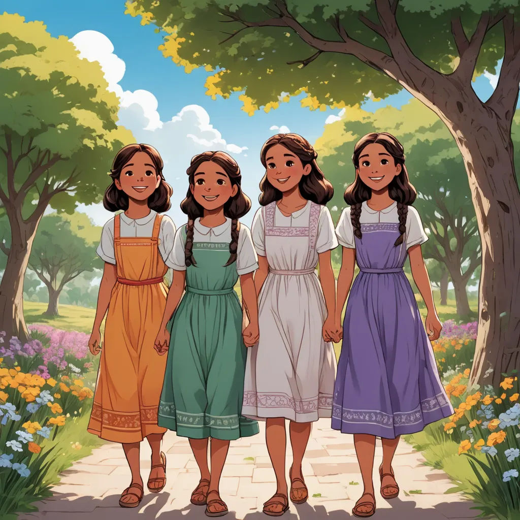 three girls in dresses standing in a park with trees and flowers in the background and a path leading to the park, process art, a storybook illustration, disney, official art