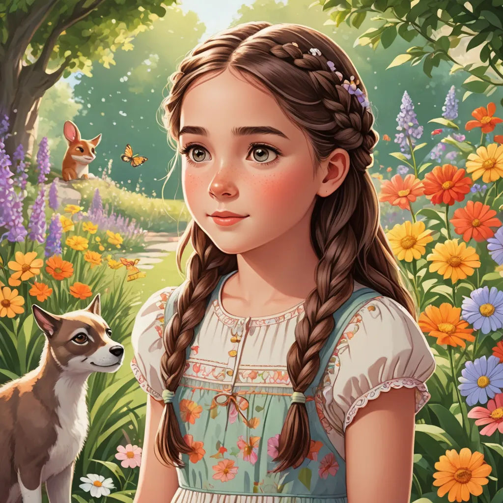 a painting of a girl and a dog in a field of flowers and flowers with a forest in the background, fantasy art, a storybook illustration, Alice Prin, trending on art station