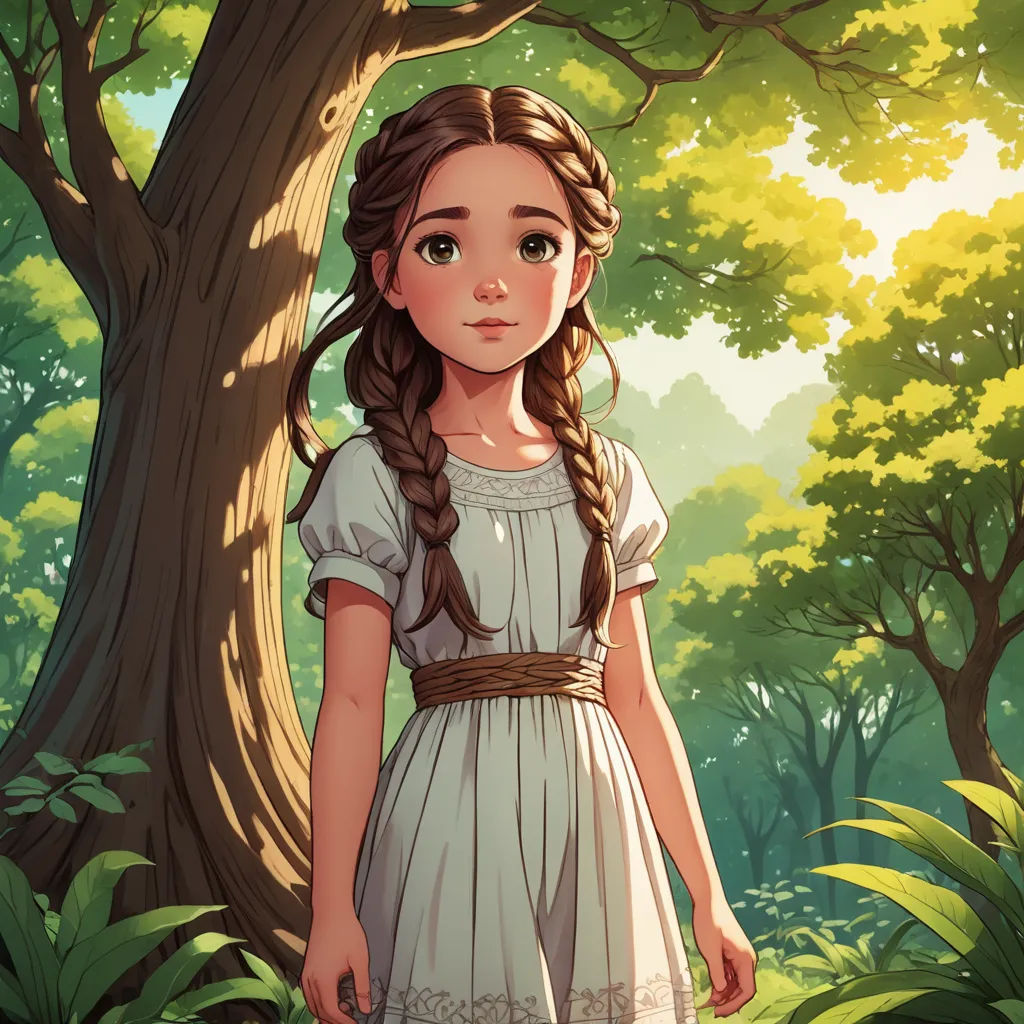a girl in a dress standing in front of a tree in a forest with a braid in her hair, fantasy art, a storybook illustration, Clarice Beckett, rossdraws global illumination