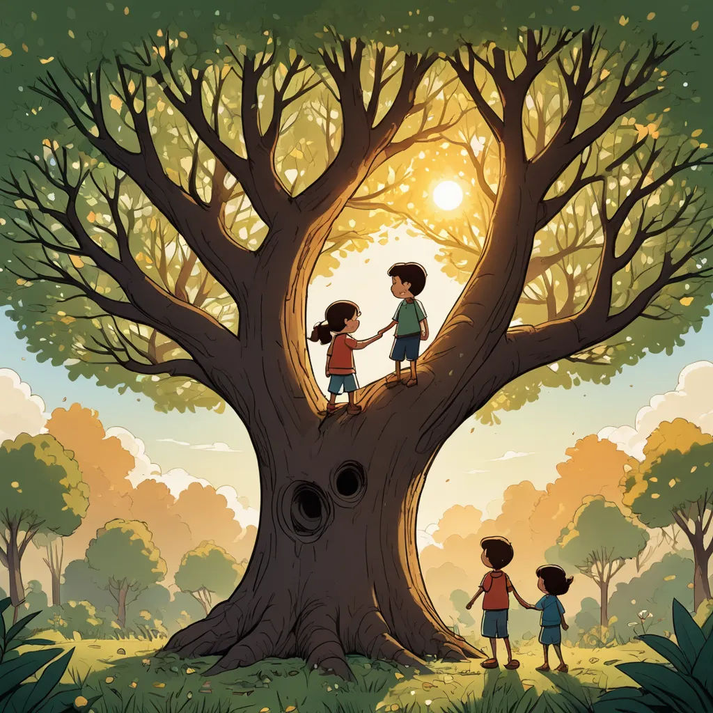 a couple of kids standing on top of a tree in a forest with a sun shining through the branches, magical realism, a storybook illustration, Diego Gisbert Llorens, storybook illustration