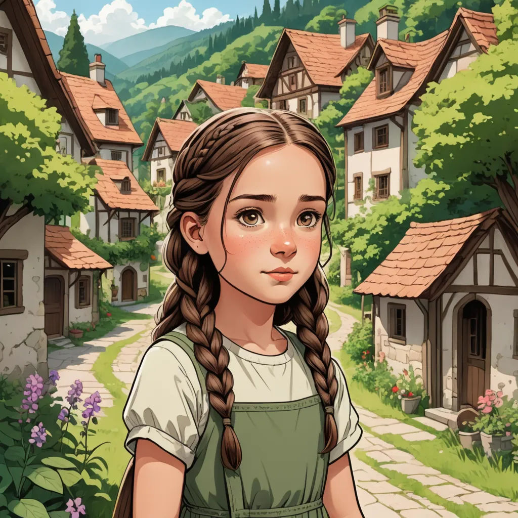 a girl with braids standing in front of a village with houses and flowers on the side of the road, fantasy art, a storybook illustration, Claire Falkenstein, rossdraws global illumination
