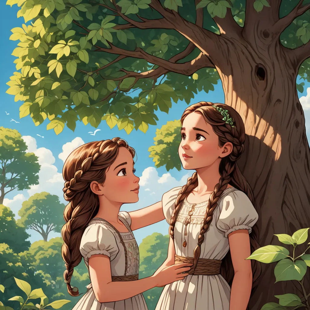 two girls standing next to a tree in a forest looking at each other with a tree in the background, fantasy art, a storybook illustration, Brothers Hildebrandt, storybook illustration