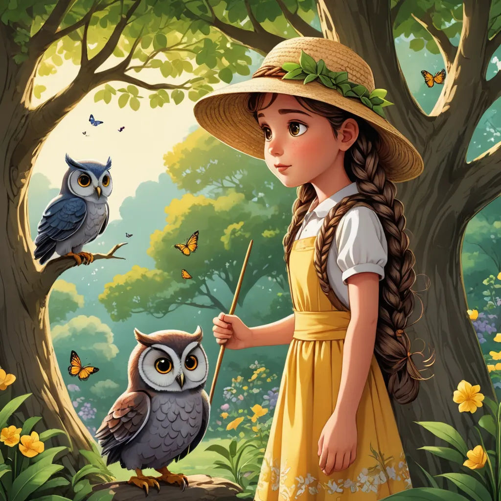 a girl in a yellow dress and straw hat holding a stick in a forest with an owl on the tree, fantasy art, a storybook illustration, Clarice Beckett, storybook illustration