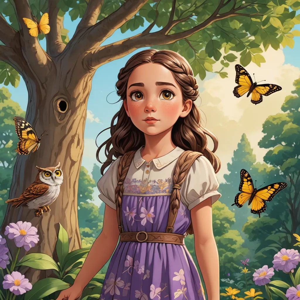 a girl in a purple dress standing in front of a tree with butterflies flying around her and a bird on her shoulder, fantasy art, a storybook illustration, Clarice Beckett, kinkade