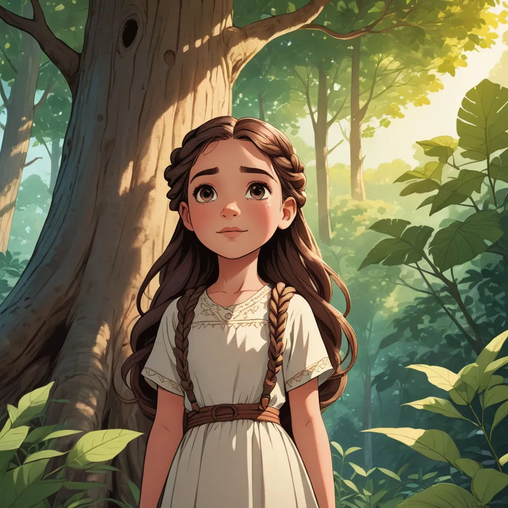 a girl in a white dress standing in front of a tree in a forest with a braid in her hair, fantasy art, a storybook illustration, Anne Said, rossdraws global illumination