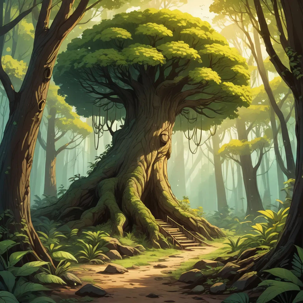 a painting of a tree in a forest with a path leading to it and a sun shining through the trees, fantasy art, a detailed matte painting, Andreas Rocha, forest