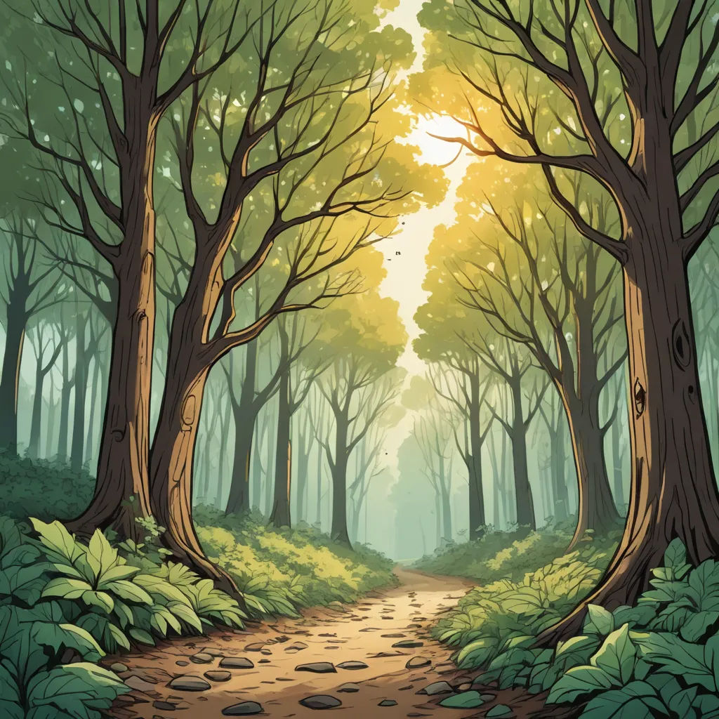 a painting of a path through a forest with trees and leaves on both sides of it, leading to a bright light, fantasy art, a comic book panel, Dan Mumford, forest