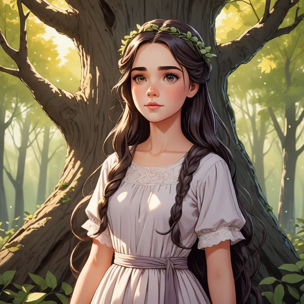 a girl in a dress standing in front of a tree with a braid in her hair and a wreath on her head, fantasy art, a character portrait, Charlie Bowater, rossdraws global illumination