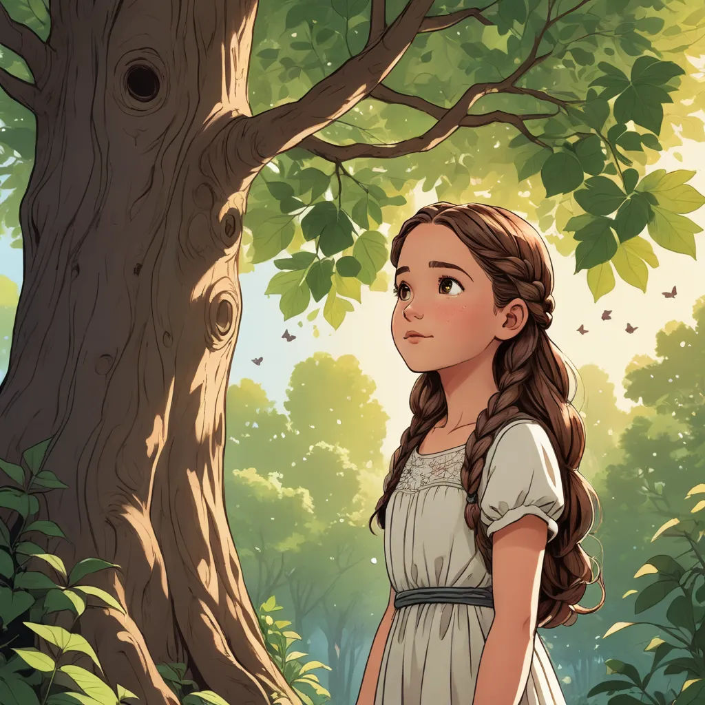 a girl standing in front of a tree in a forest with a bird in her hand and a bird in her hair, fantasy art, a storybook illustration, Brom, rossdraws global illumination