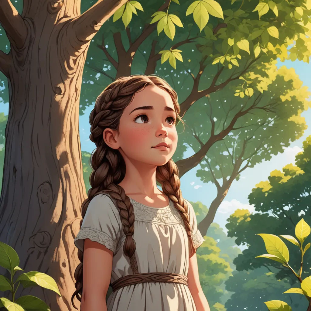 a girl standing in front of a tree with a braid in her hair and a dress on her shoulders, fantasy art, a storybook illustration, Brom, storybook illustration