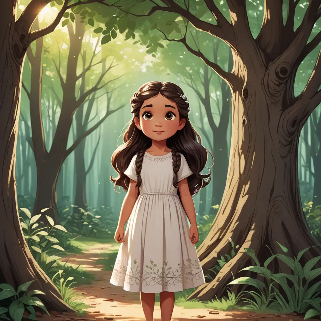 a girl in a white dress standing in a forest with a path leading to a tree trunk with leaves, fantasy art, a storybook illustration, Anne Said, official art
