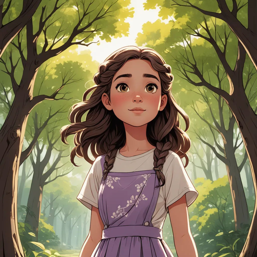 a girl in a purple dress standing in a forest with trees and grass behind her, looking at the camera, fantasy art, a storybook illustration, Clarice Beckett, rossdraws global illumination