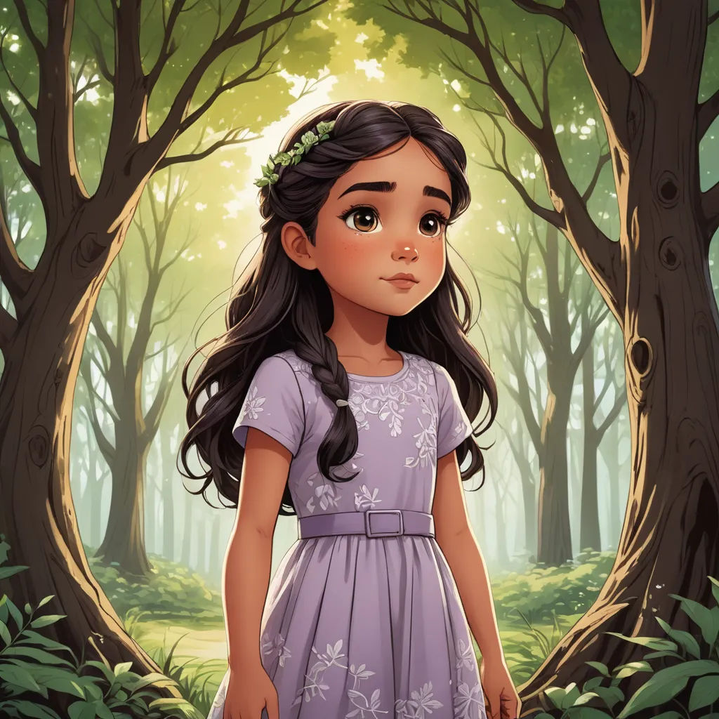 a girl in a purple dress standing in a forest with trees and grass around her, looking at the camera, sots art, a character portrait, Clarice Beckett, kinkade