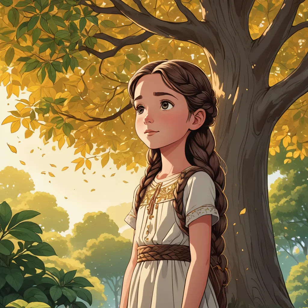 a girl standing in front of a tree with a braid in her hair and a dress on her shoulders, fantasy art, a storybook illustration, Cliff Childs, rossdraws global illumination