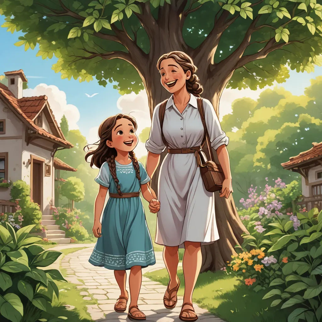 a woman and a girl walking down a path in a park with a tree in the background and a house in the background, american scene painting, a storybook illustration, Ada Gladys Killins, storybook illustration