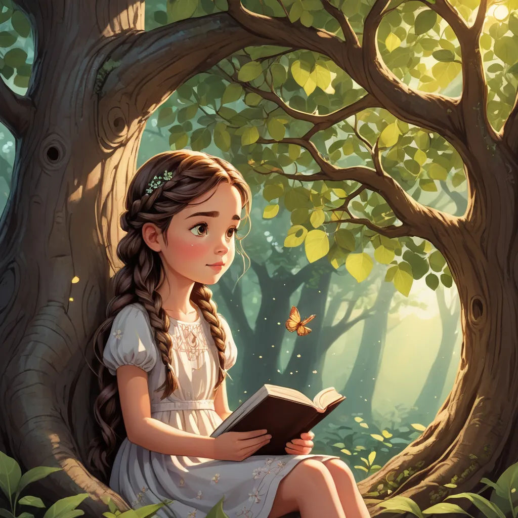 a girl sitting in a tree reading a book in the forest with a butterfly flying overhead by her side, fantasy art, a storybook illustration, Cyril Rolando, storybook illustration