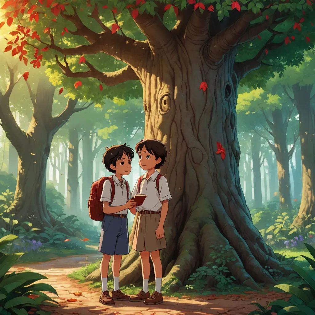 two children standing in front of a tree in a forest with leaves on it and a bird flying overhead, magical realism, a storybook illustration, Aaron Jasinski, ghibli