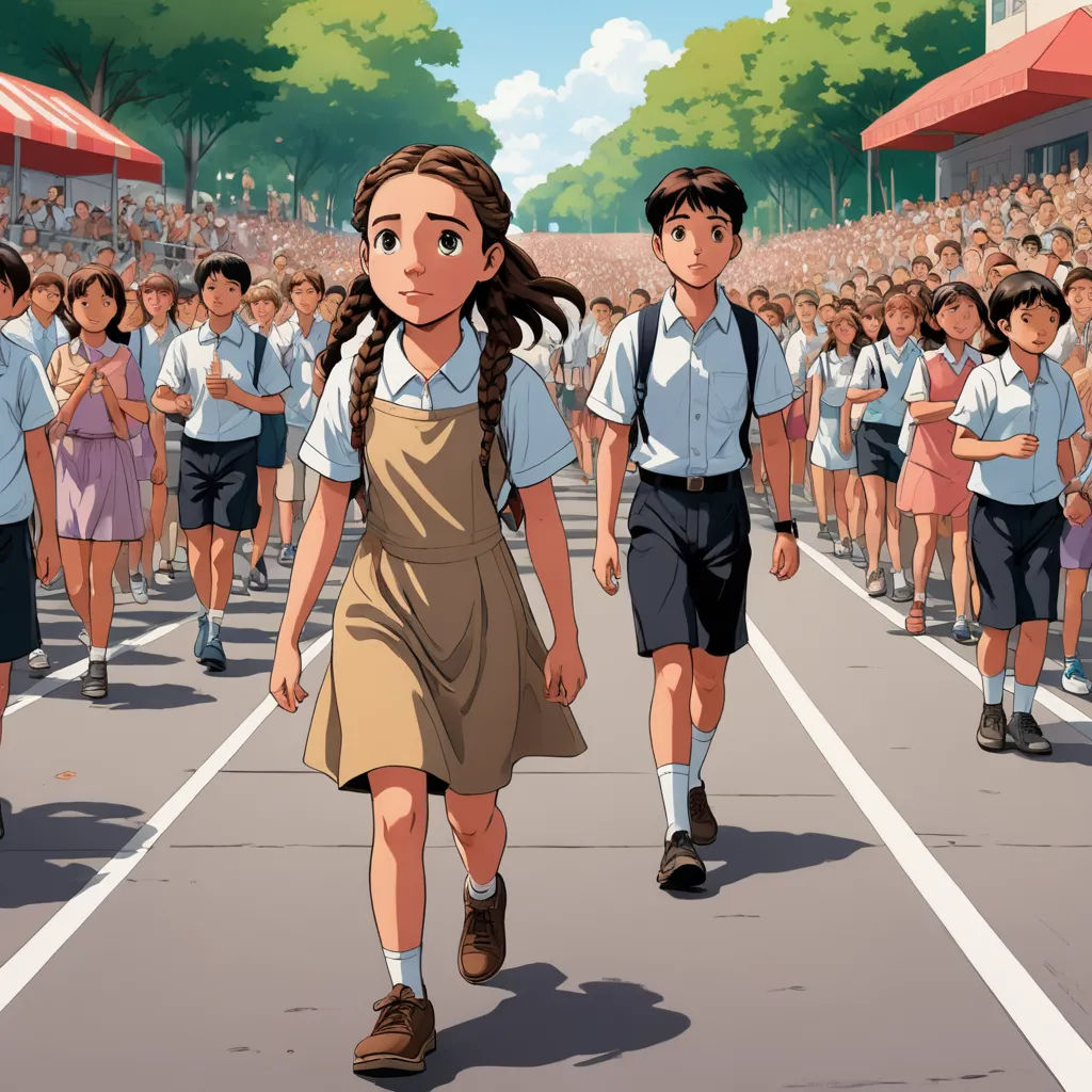 a group of children walking down a street next to each other in front of a crowd of people wearing school uniforms, serial art, a comic book panel, Aaron Jasinski, official art