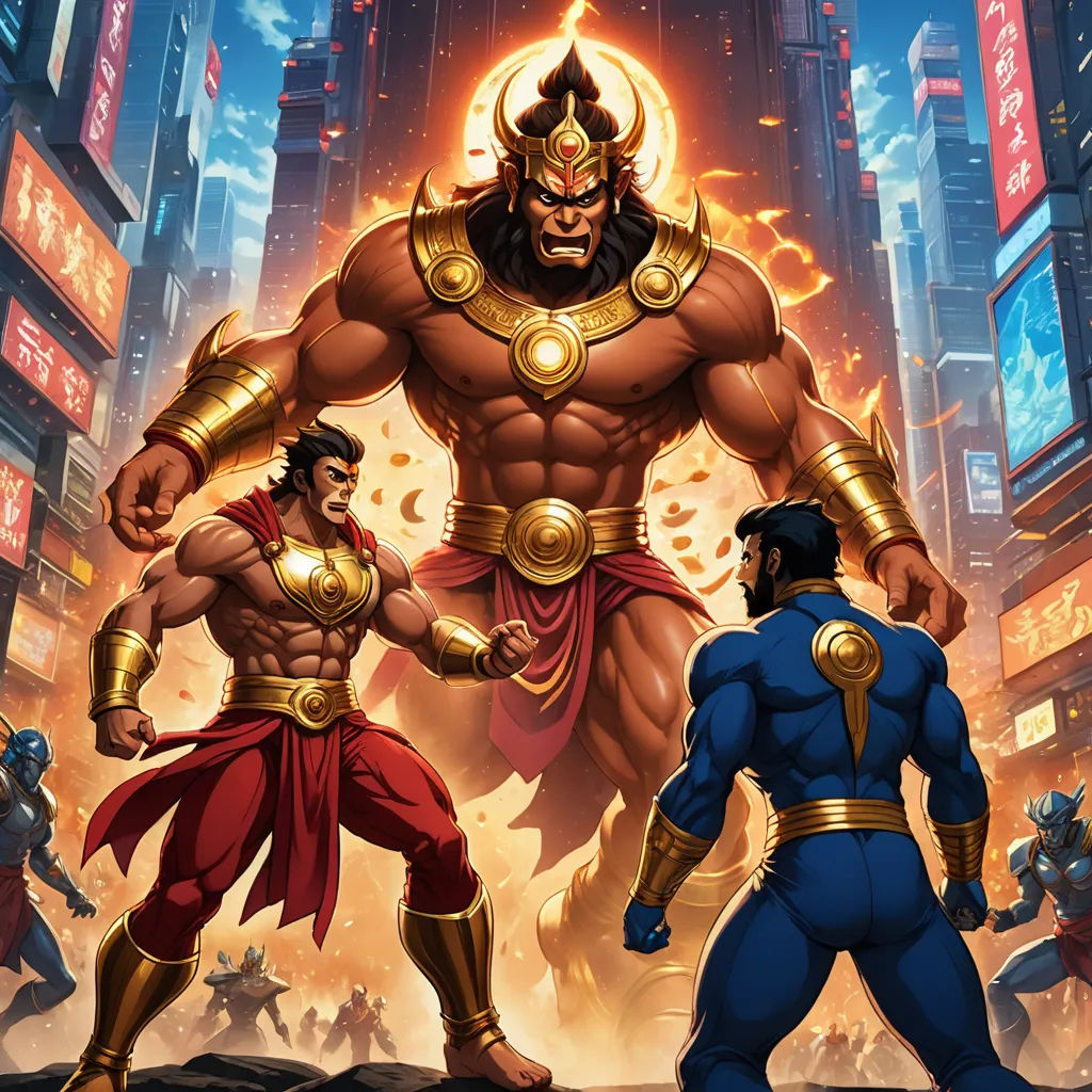 two men in costumes standing in front of a cityscape with a giant demon in the background and a giant demon in the foreground, samikshavad, a comic book panel, Brothers Hildebrandt, comic cover art