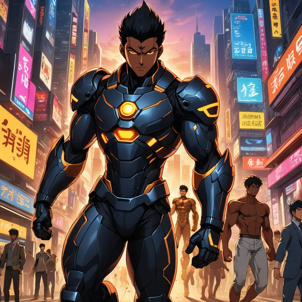 a man in a futuristic suit standing in a city street with other people in the background and a neon cityscape, afrofuturism, concept art, Adam Manyoki, anime key visual