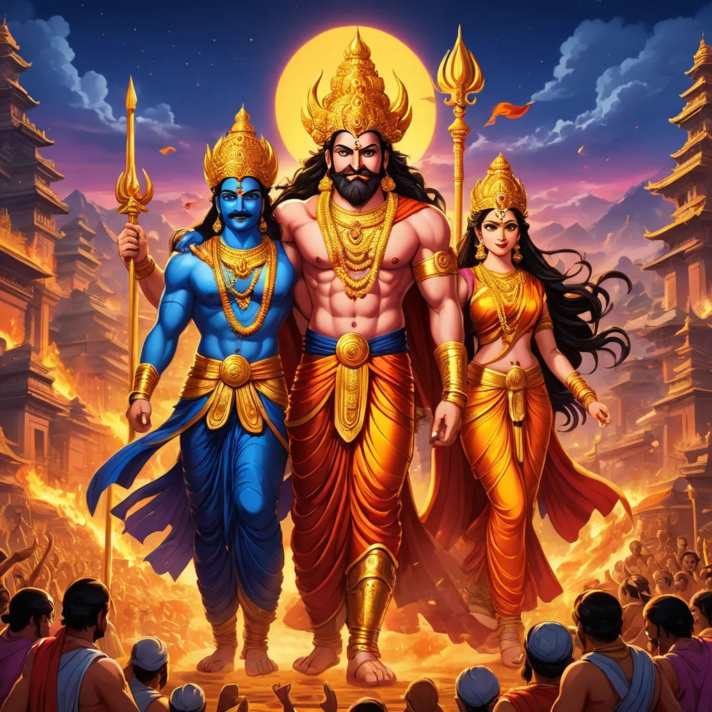 a painting of two men and a woman standing in front of a temple with a full moon in the background, samikshavad, a detailed painting, Bholekar Srihari, highly detailed digital painting