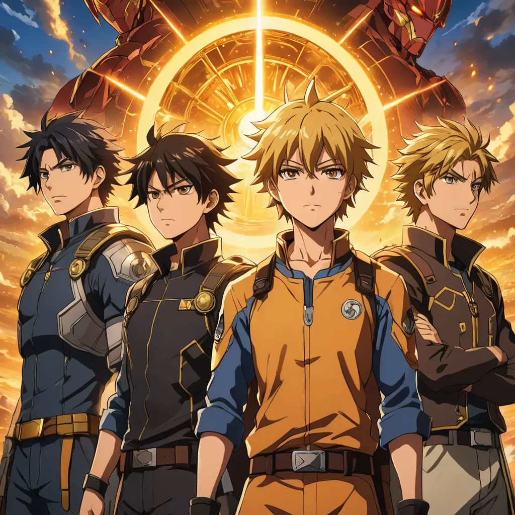 a group of anime characters standing in front of a giant object with a sky background and clouds in the background, rayonism, a poster, Ai-Mitsu, anime key visual