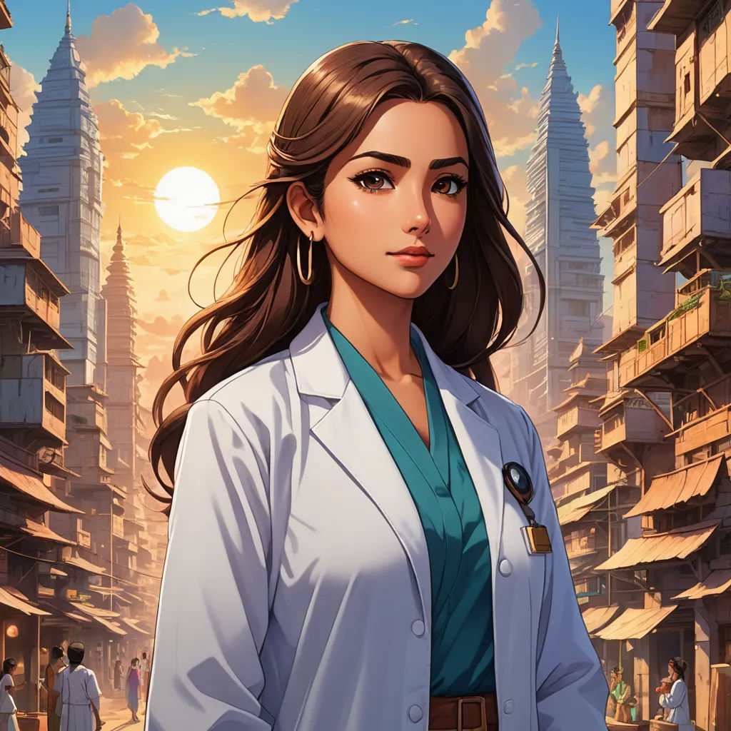 a woman in a white coat standing in front of a cityscape with a sunset in the background, neoplasticism, a character portrait, Artgerm, rossdraws global illumination