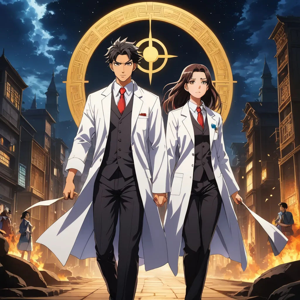 a man and a woman in white coats and ties walking through a city at night with a golden circle, rayonism, a poster, Eizan Kikukawa, anime key visual