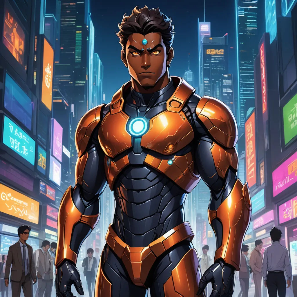 a man in a suit standing in a city at night with a glowing light on his chest and arms, afrofuturism, concept art, Artgerm, rossdraws global illumination