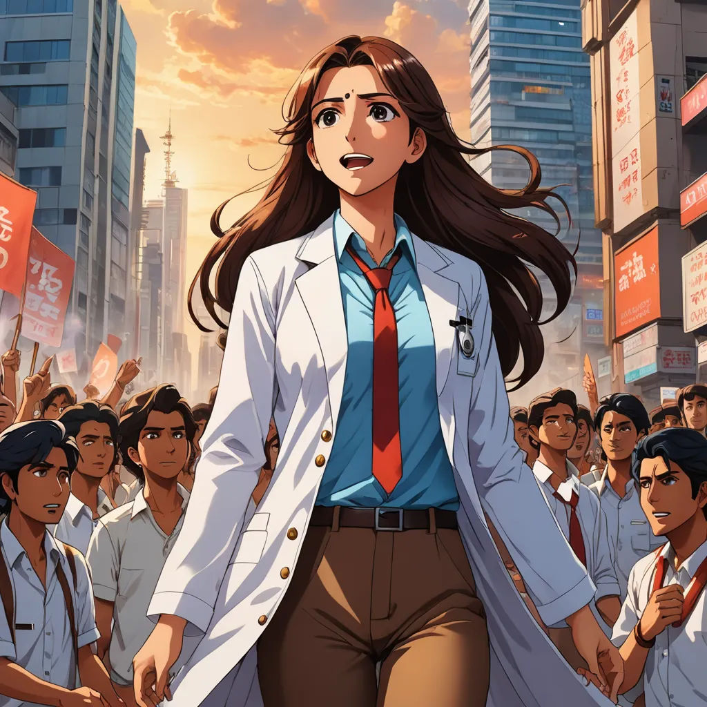 a woman in a suit and tie walking through a crowd of people in a city with tall buildings in the background, socialist realism, a character portrait, Eizan Kikukawa, official art