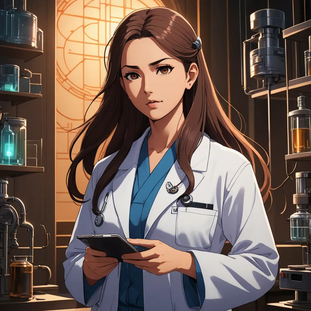 a woman in a lab coat holding a tablet in a room full of shelves of bottles and jars with a globe on the wall, remodernism, a character portrait, Ayami Kojima, official art